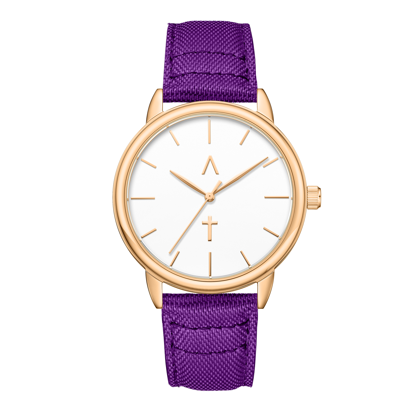 Wristwatch with purple strap and rose gold case on white background