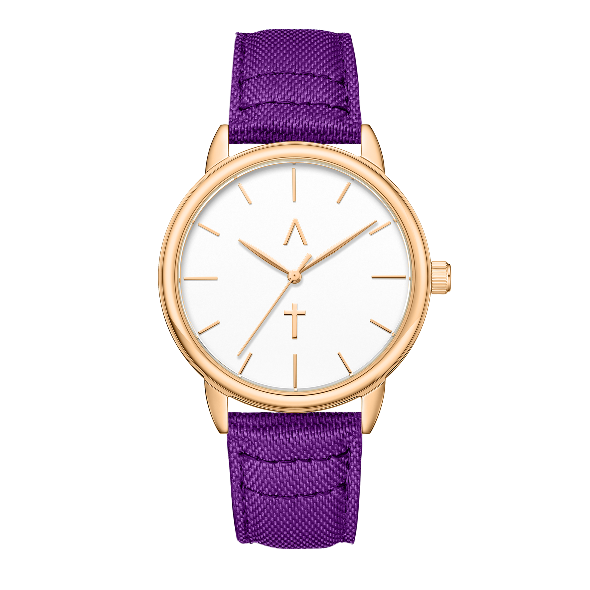 Wristwatch with purple strap and rose gold case on white background