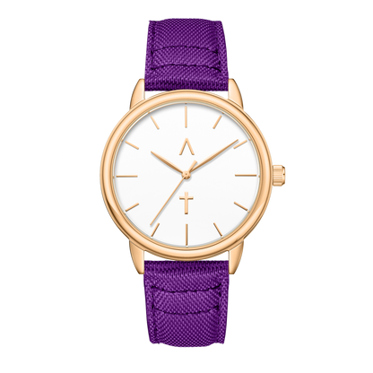 Wristwatch with purple strap and rose gold case on white background
