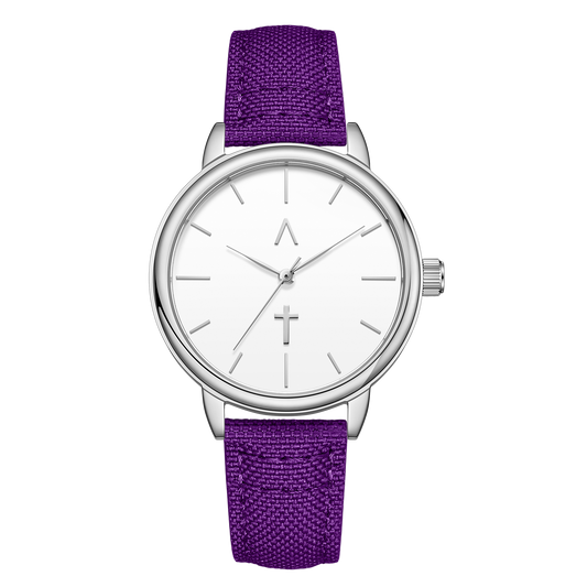 Wristwatch with a purple strap and silver case on a white background