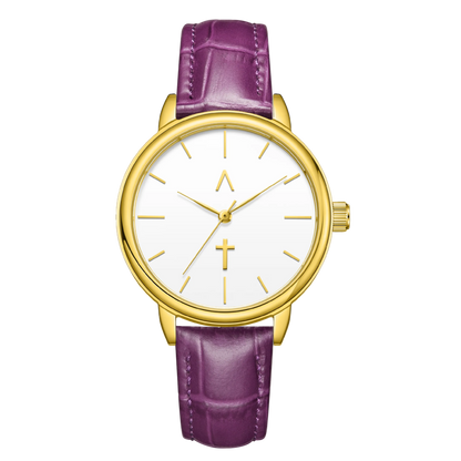 Wristwatch with gold case and purple leather strap on a white background
