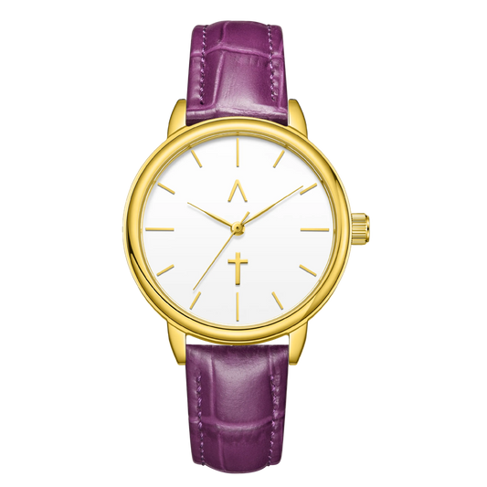 Wristwatch with gold case and purple leather strap on a white background