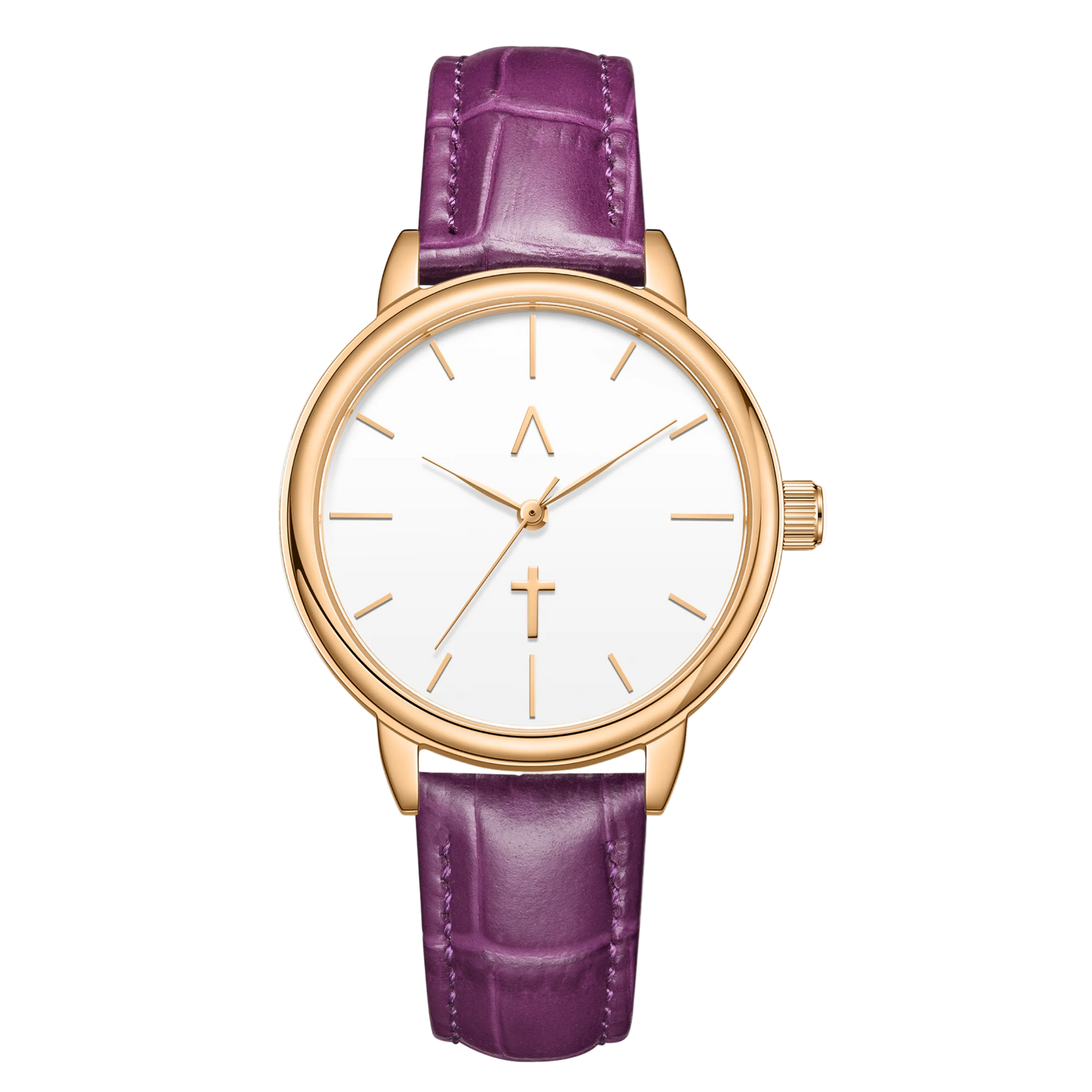 Wristwatch with purple strap and gold case on white background