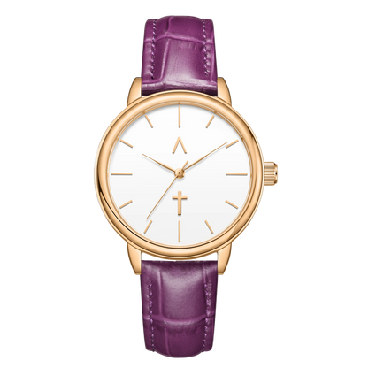 Wristwatch with purple strap and gold case on white background