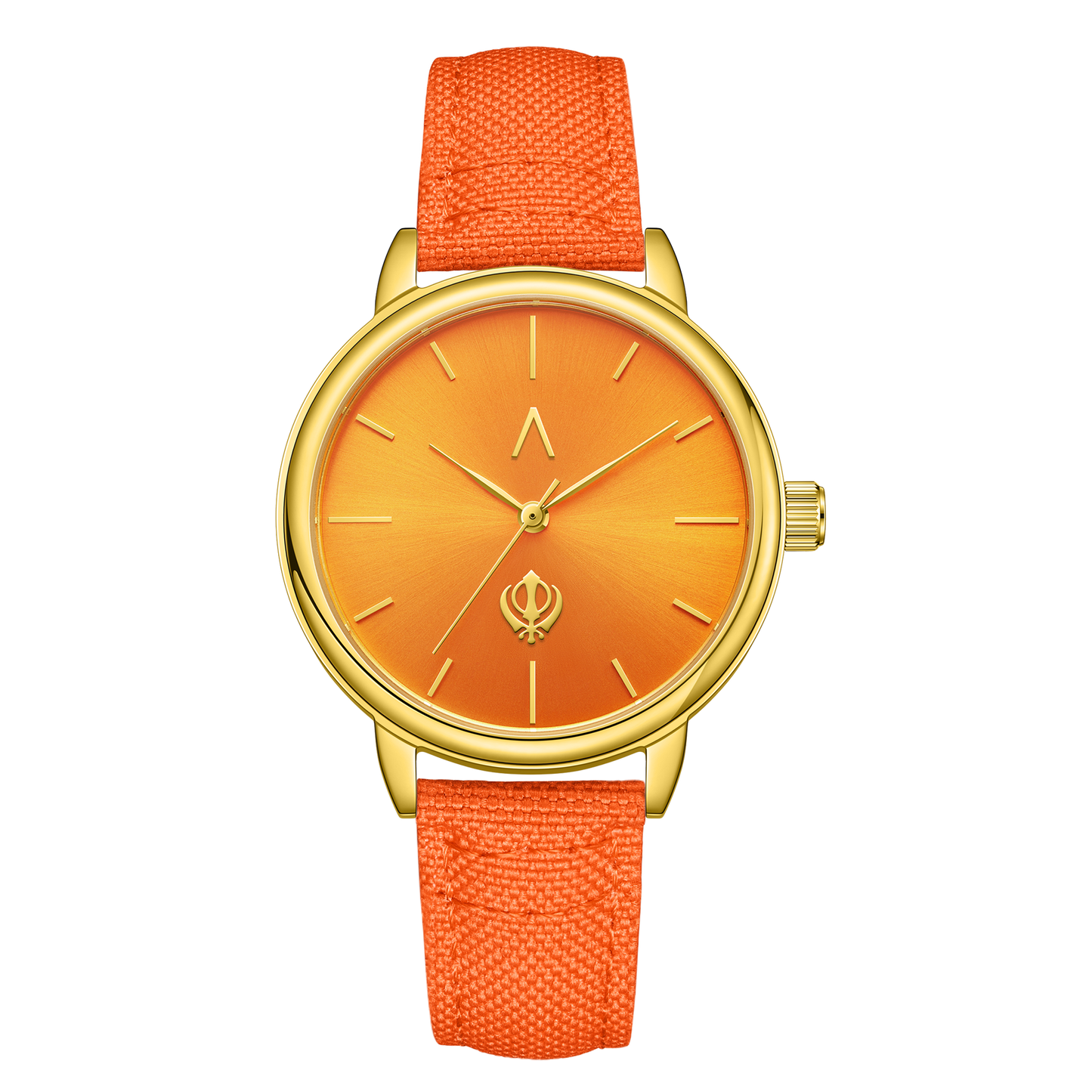 
Sikh women's gold face watch with orange fabric strap and Khanda symbol dial