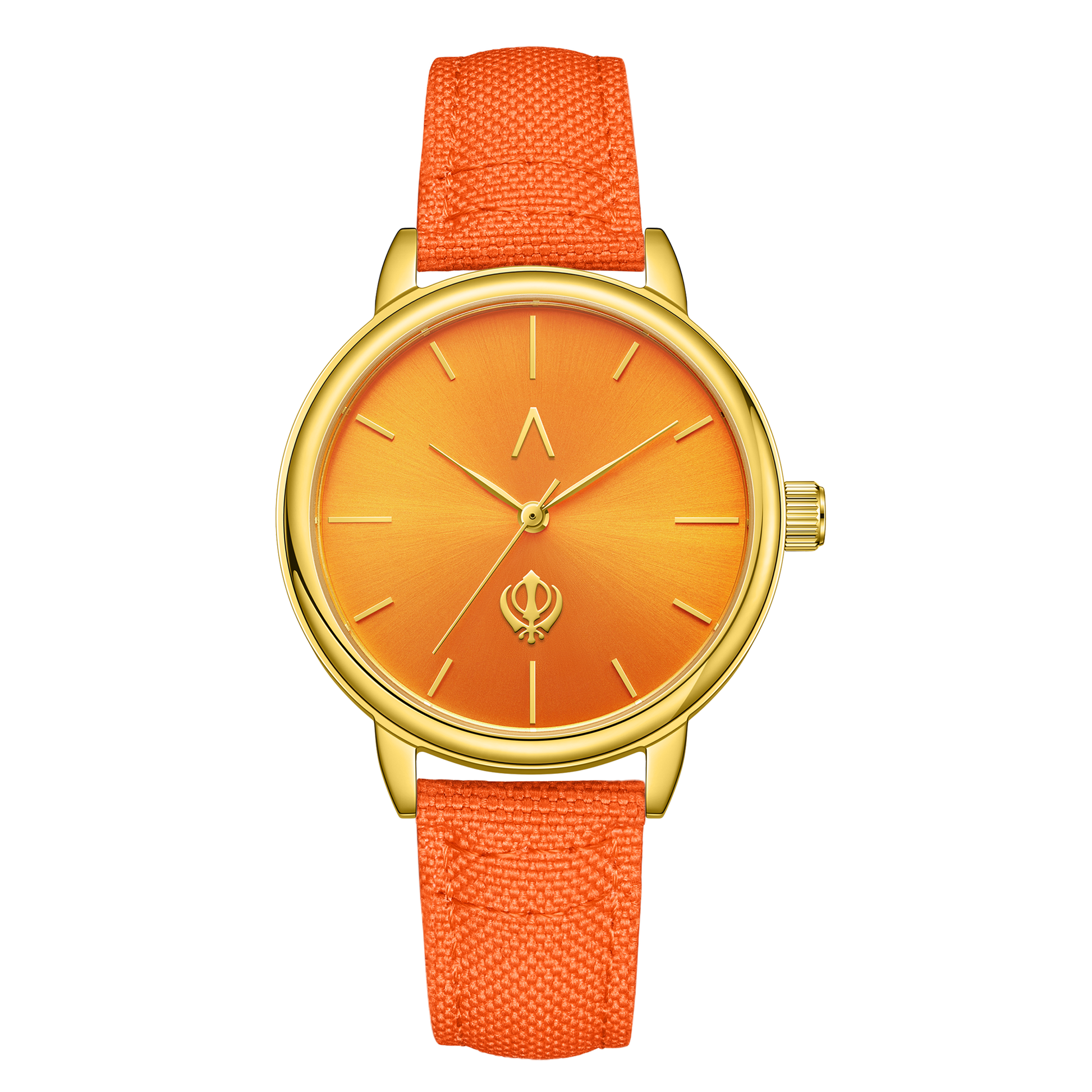 
Sikh women's gold face watch with orange fabric strap and Khanda symbol dial
