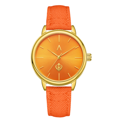 
Sikh women's gold face watch with orange fabric strap and Khanda symbol dial