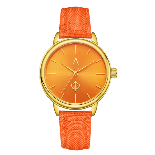 
Sikh women's gold face watch with orange fabric strap and Khanda symbol dial