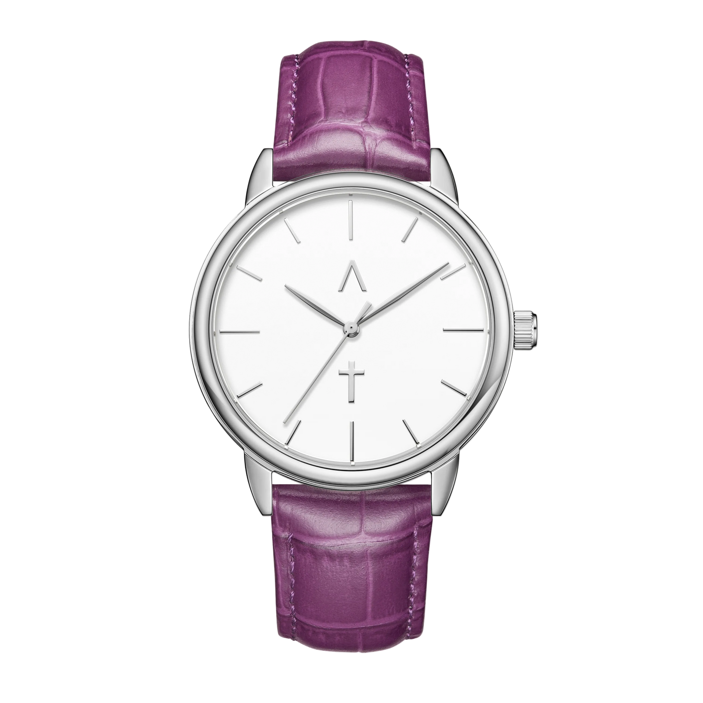 Watch with a purple strap and white dial on a white background