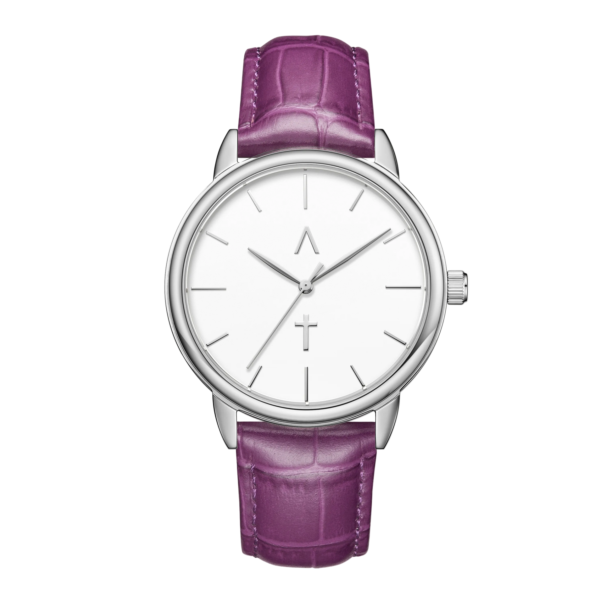 Watch with a purple strap and white dial on a white background