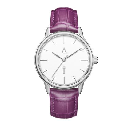 Watch with a purple strap and white dial on a white background