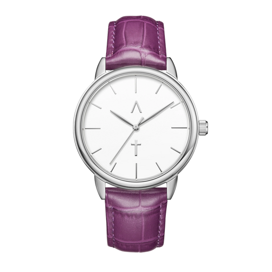 Watch with a purple strap and white dial on a white background
