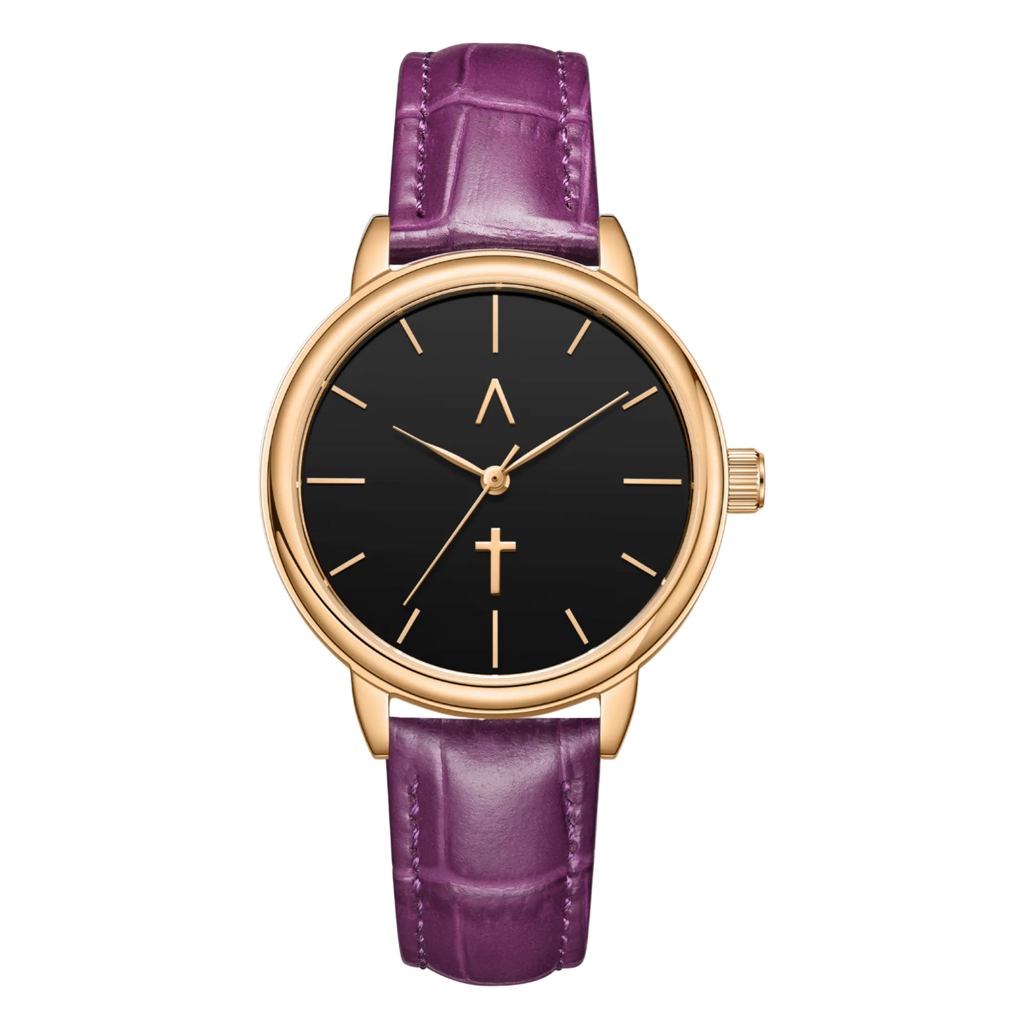 Wristwatch with purple strap and black dial on a white background