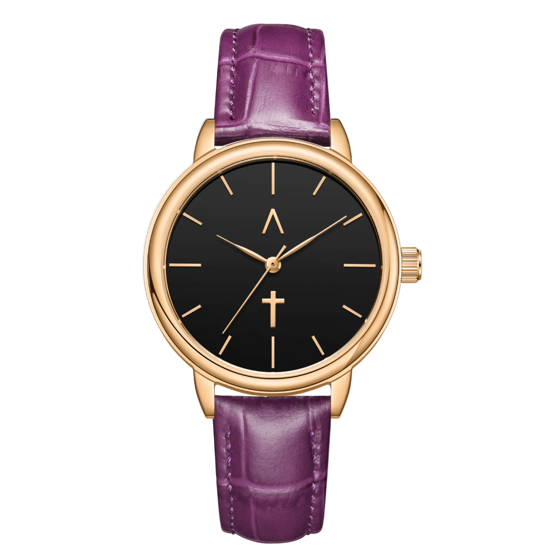 Wristwatch with purple strap and black dial on a white background