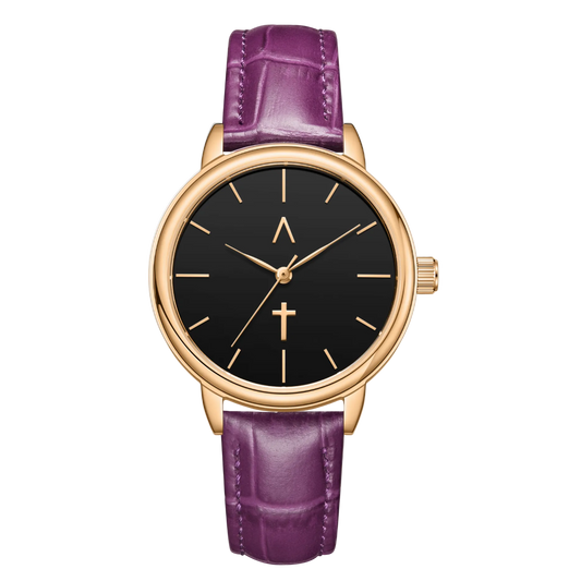 Wristwatch with purple strap and black dial on a white background