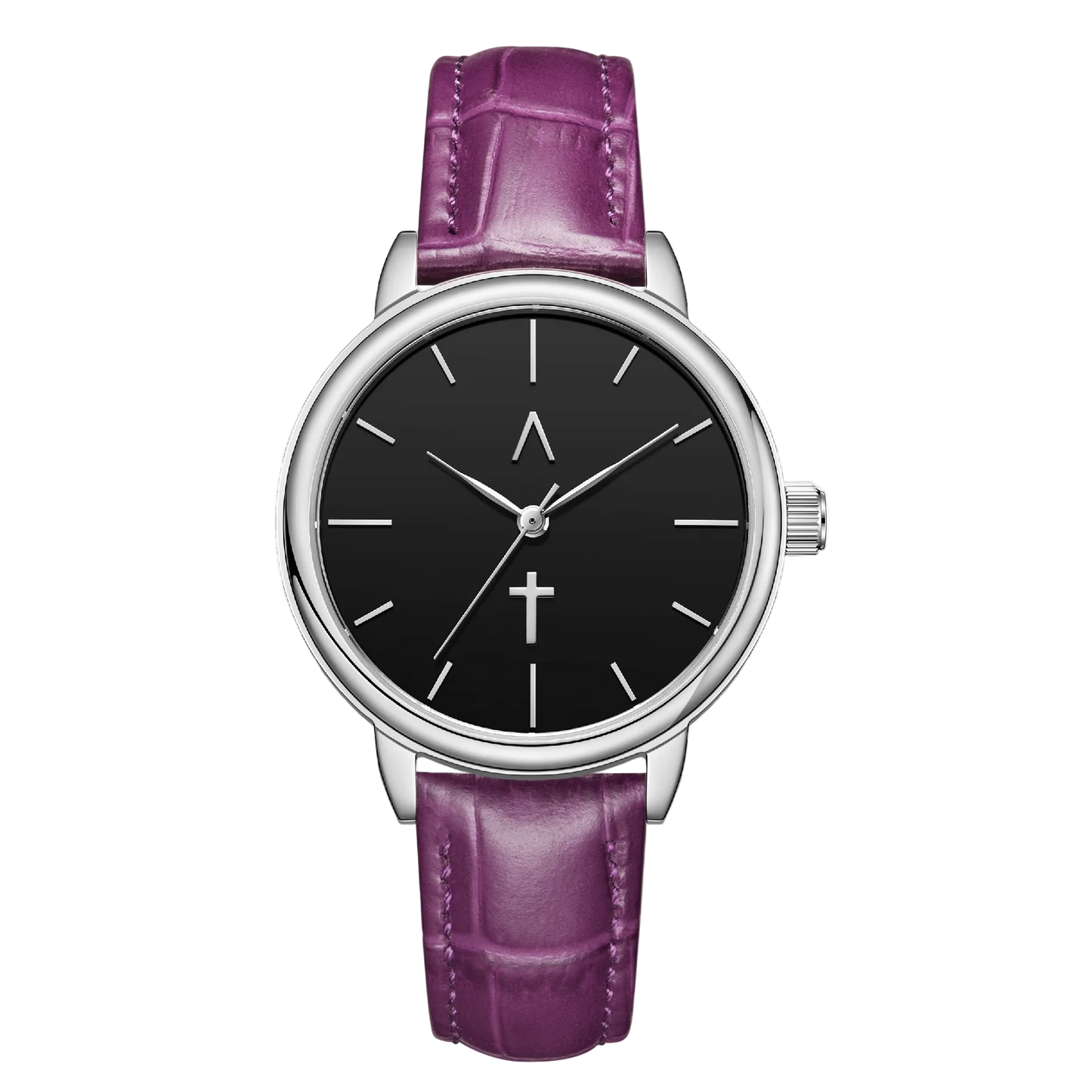 Watch with a black face and purple leather strap on a white background