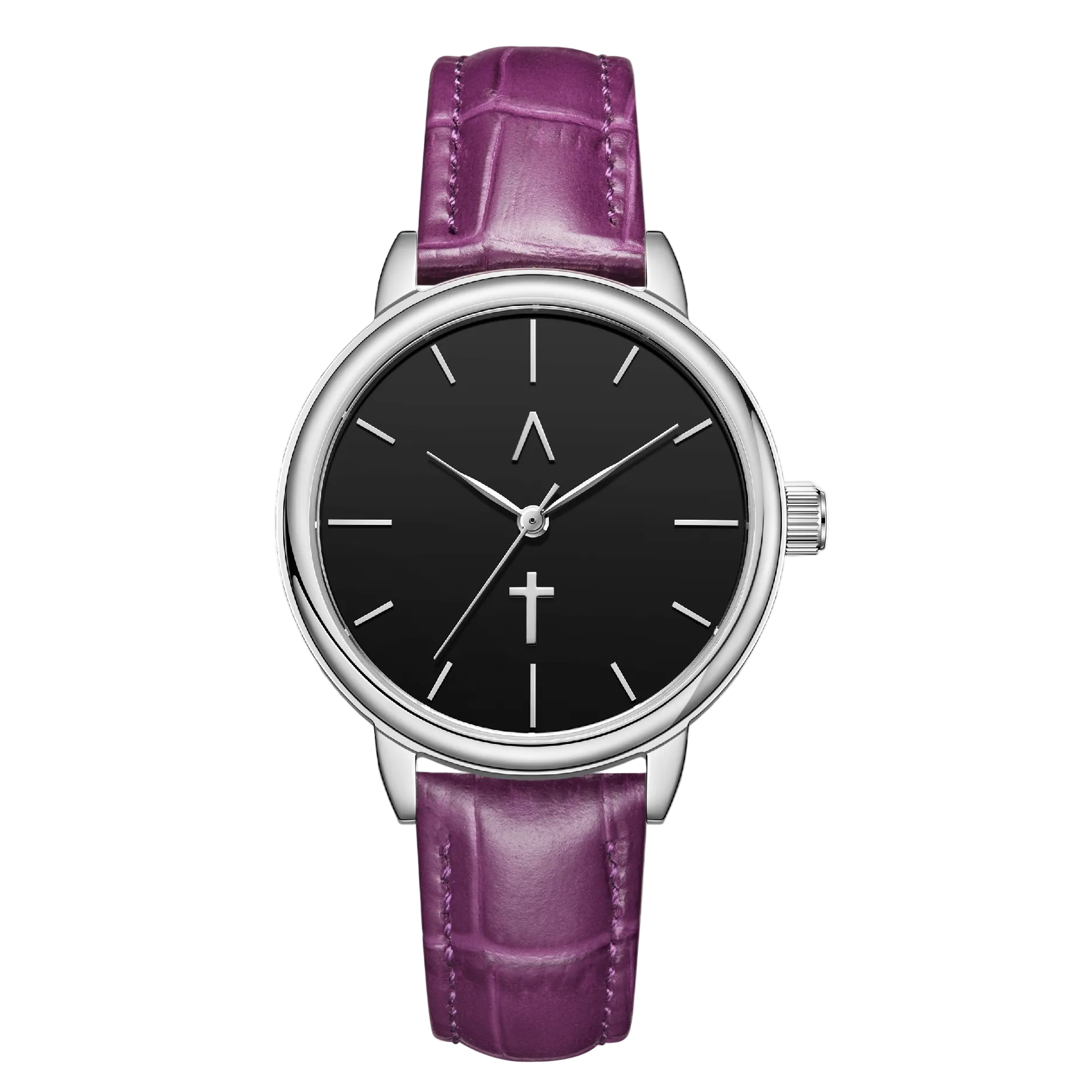 Watch with a black face and purple leather strap on a white background