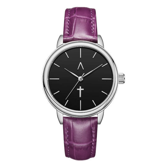 Watch with a black face and purple leather strap on a white background