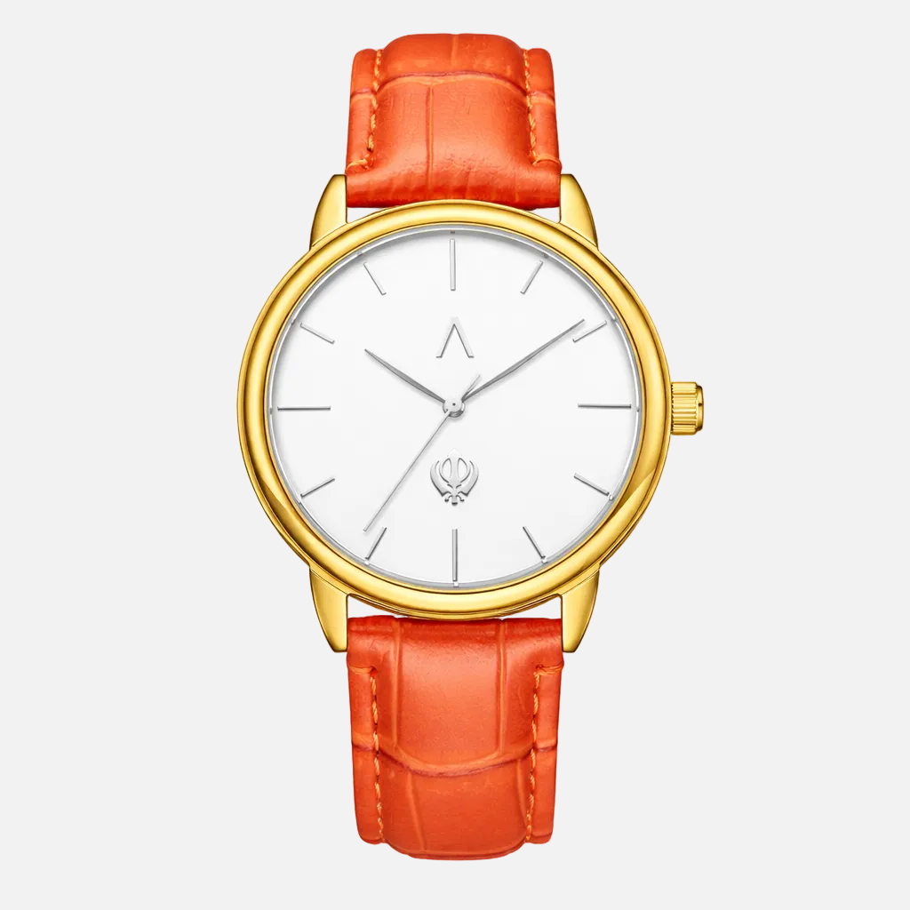 Wristwatch with gold case and red leather strap on a white background