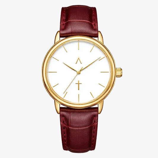 Wristwatch with gold case and red leather strap on a white background