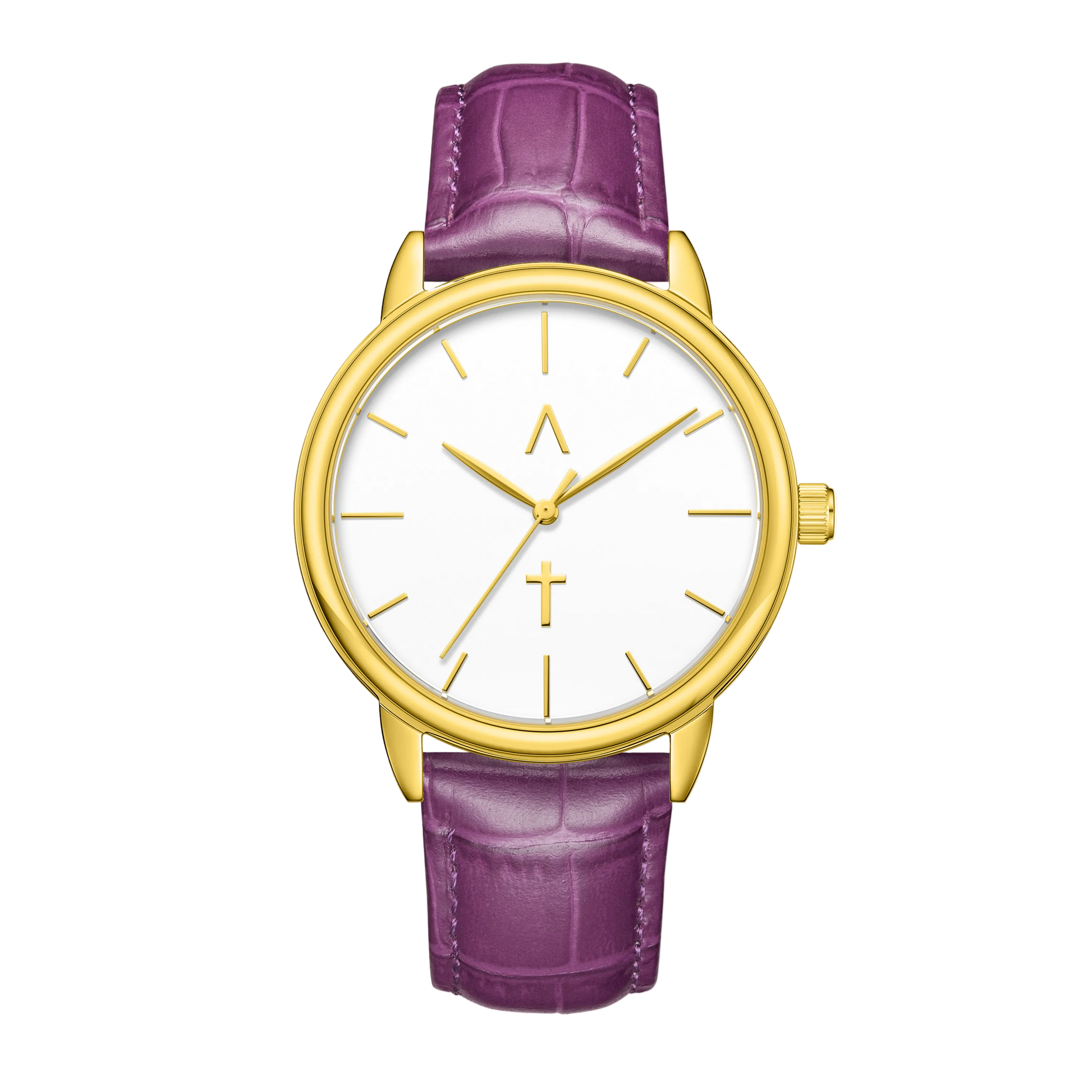 Watch with gold case and purple leather strap on a white background