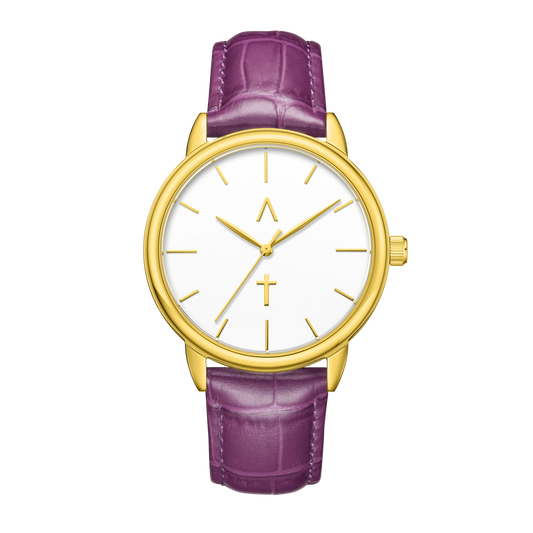 Watch with gold case and purple leather strap on a white background