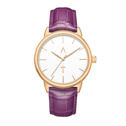 Wristwatch with purple leather strap and gold case on white background