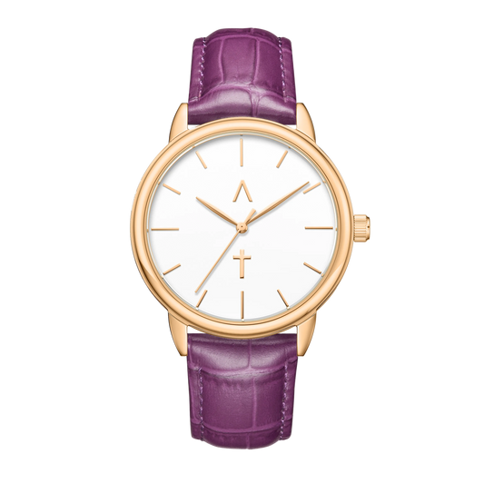 Wristwatch with purple leather strap and gold case on white background