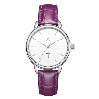 Watch with a purple strap and silver case on a white background