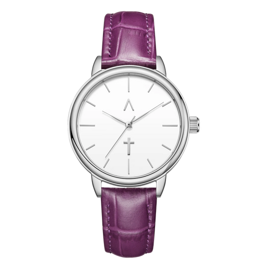 Watch with a purple strap and silver case on a white background